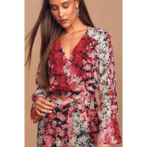 Lulus Happier Now Black Multi Floral Print Faux Wrap Long Sleeve Top - Size M